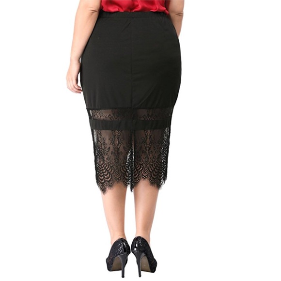 Plus Size Black Lace Trim Faltering Slim Fit Skirt - Picture 3 of 5